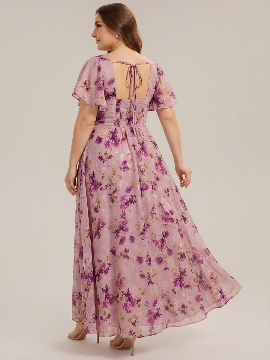 Color=Light Purple Print | Bulk Order Short Sleeve Ruffle Backless Ruched A-Line Maxi Bridesmaid Dresses-Light Purple Print 17