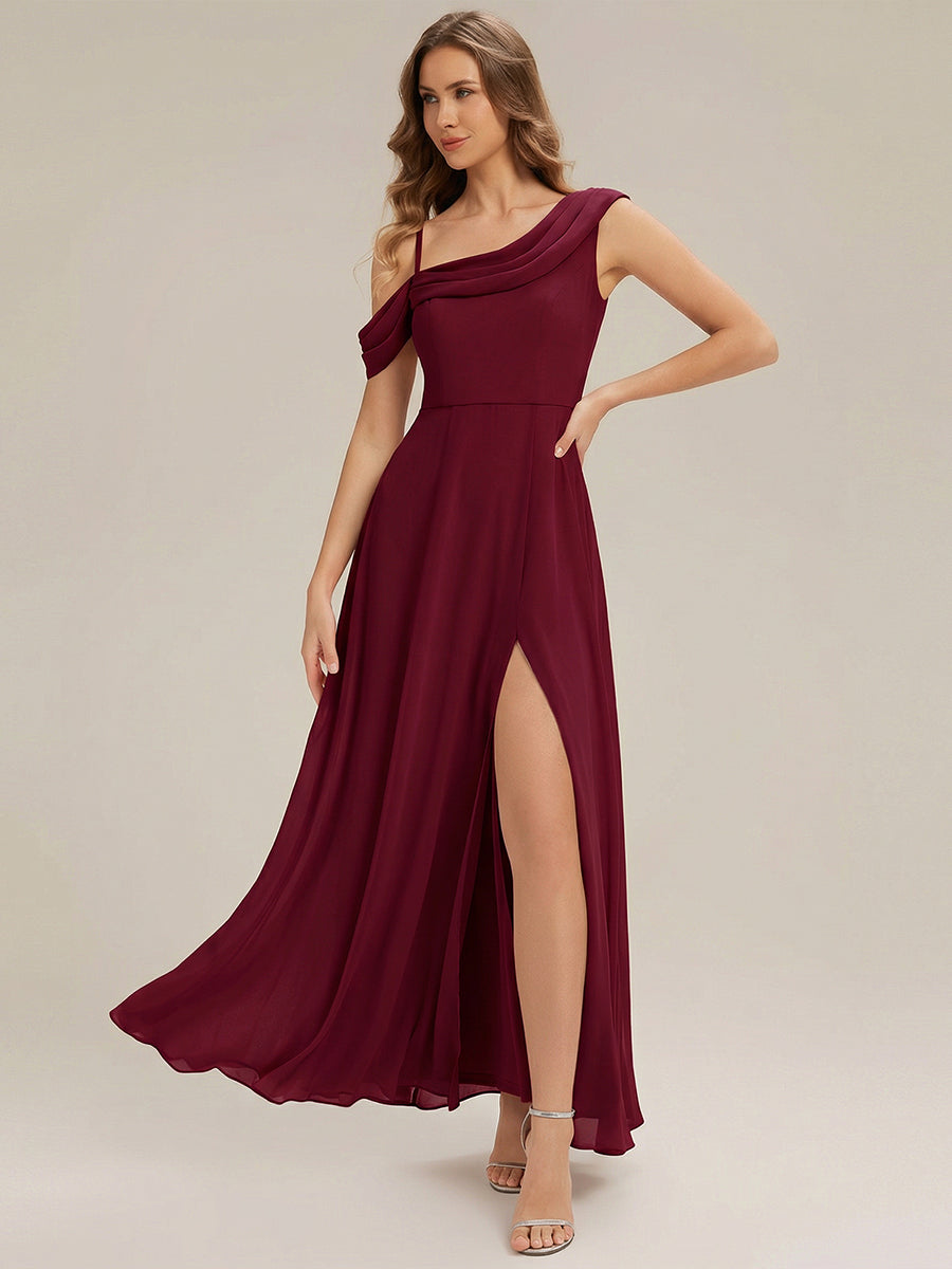 Color=Burgundy | Fast Delivery Short Sleeve Asymmetrical A-Line Floor Length Rhinestone Bridesmaid Dresses-Burgundy 1