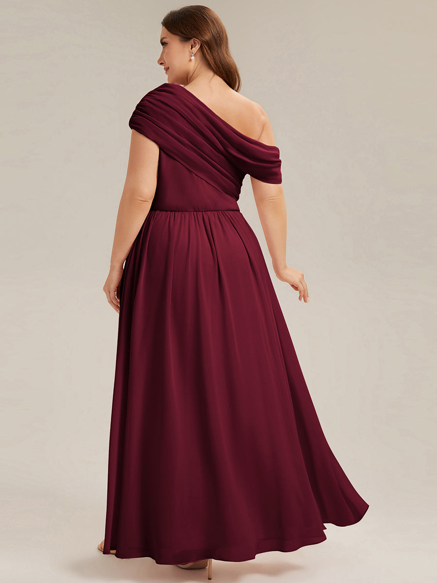 Color=Burgundy | Wholesale Asymmetrical Off Shoulder Gathered A-Line Floor Length Bridesmaid Dresses-Burgundy 7