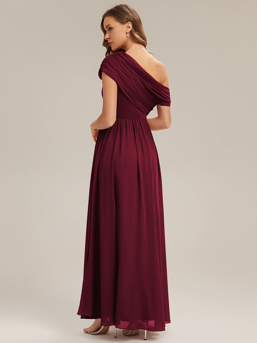 Color=Burgundy | Wholesale Asymmetrical Off Shoulder Gathered A-Line Floor Length Bridesmaid Dresses-Burgundy 2