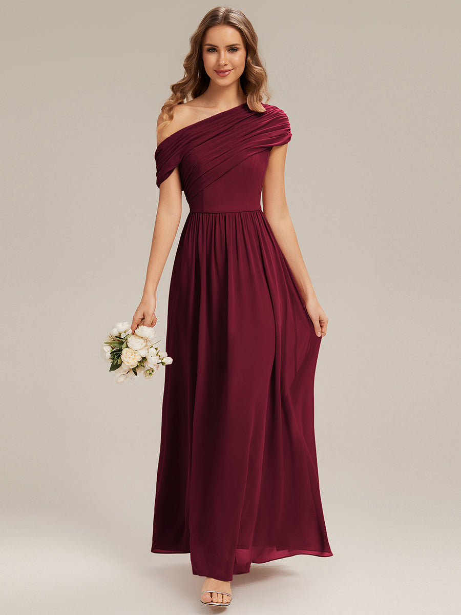 Color=Burgundy | Wholesale Asymmetrical Off Shoulder Gathered A-Line Floor Length Bridesmaid Dresses-Burgundy 5