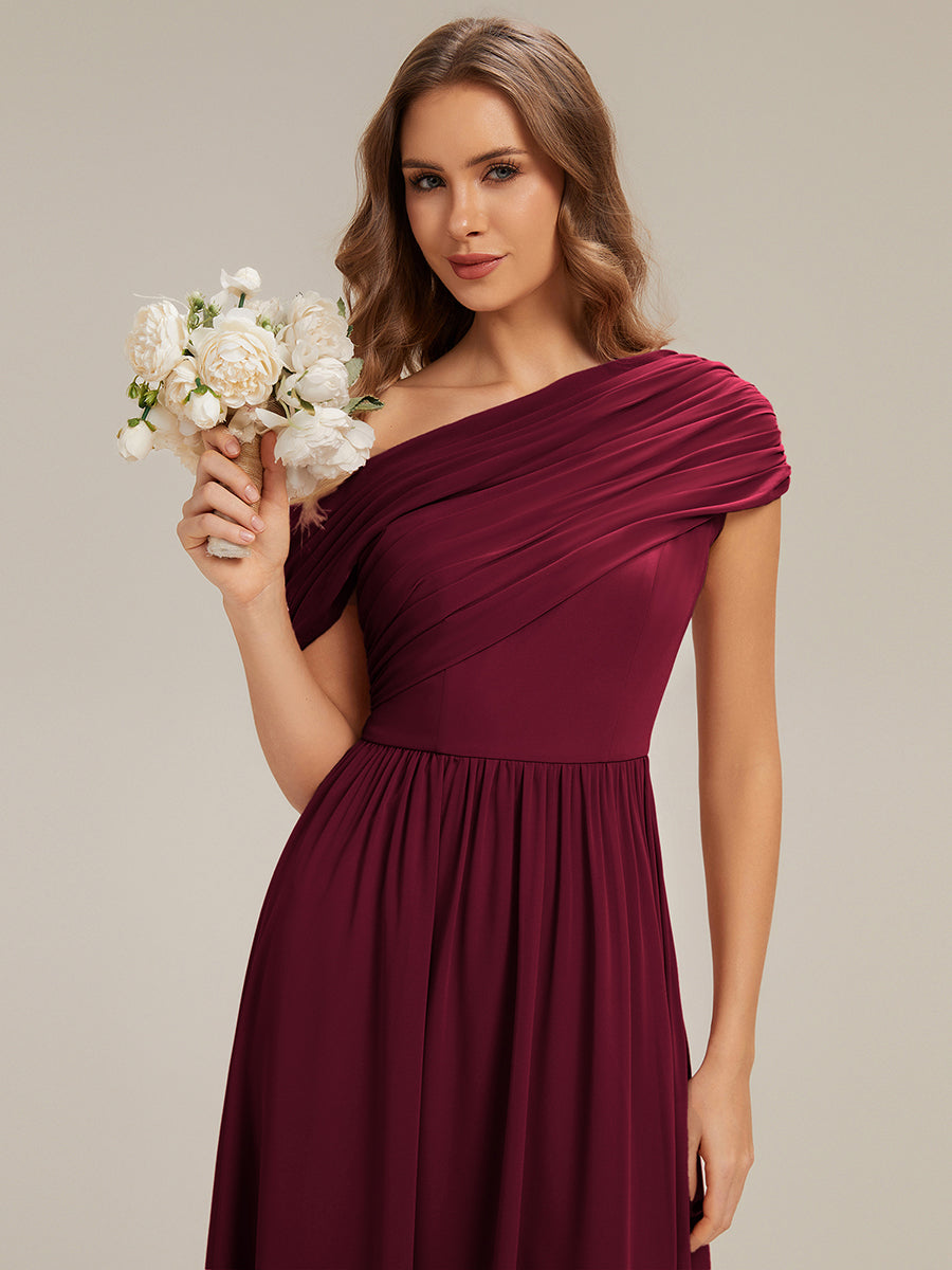 Color=Burgundy | Wholesale Asymmetrical Off Shoulder Gathered A-Line Floor Length Bridesmaid Dresses-Burgundy 3