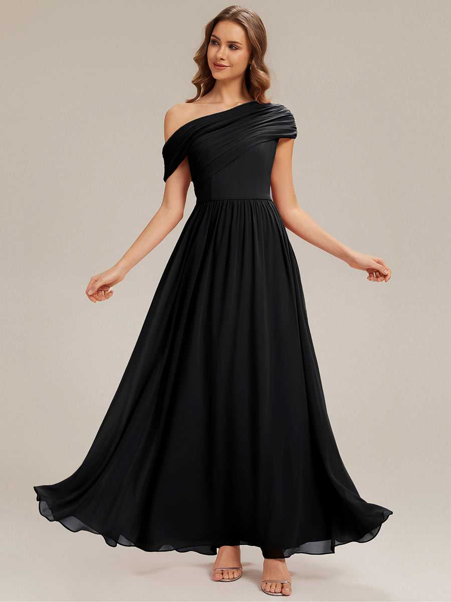 Color=Black | Wholesale Strapless Asymmetrical A-Line Gathered Floor Length Bridesmaid Dresses-Black 1