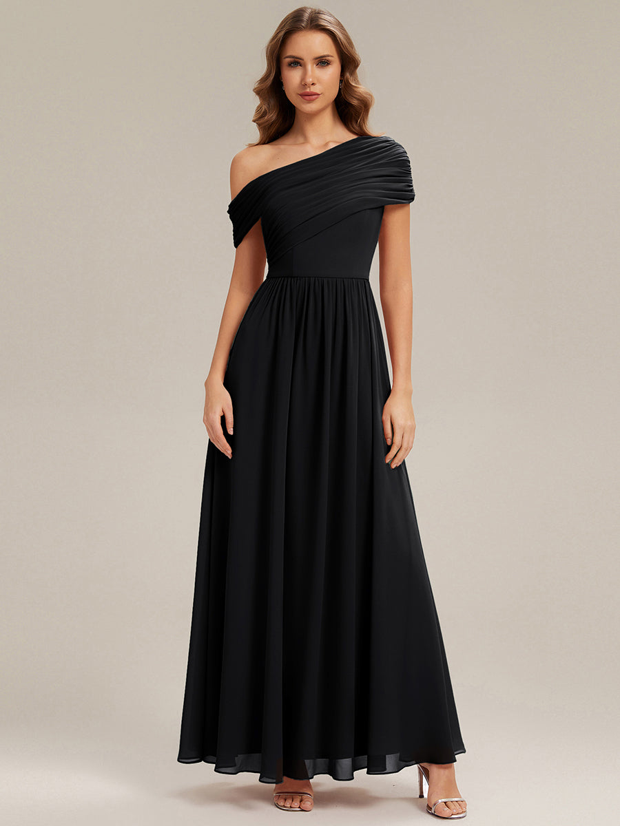Color=Black | Wholesale Strapless Asymmetrical A-Line Gathered Floor Length Bridesmaid Dresses-Black 3