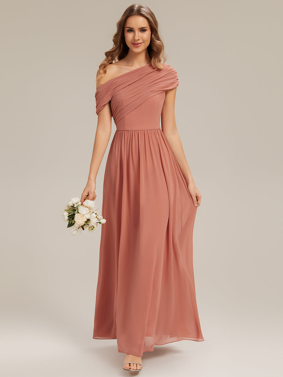 Color=Coral Pink | Wholesale Strapless Asymmetrical A-Line Gathered Floor Length Bridesmaid Dresses-Coral Pink 5