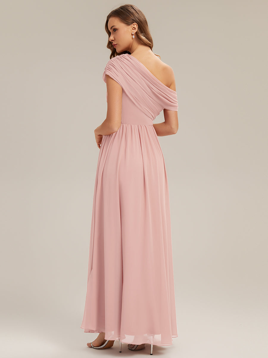 Color=Pink | Wholesale Asymmetrical Off Shoulder Gathered A-Line Floor Length Bridesmaid Dresses-Pink 22