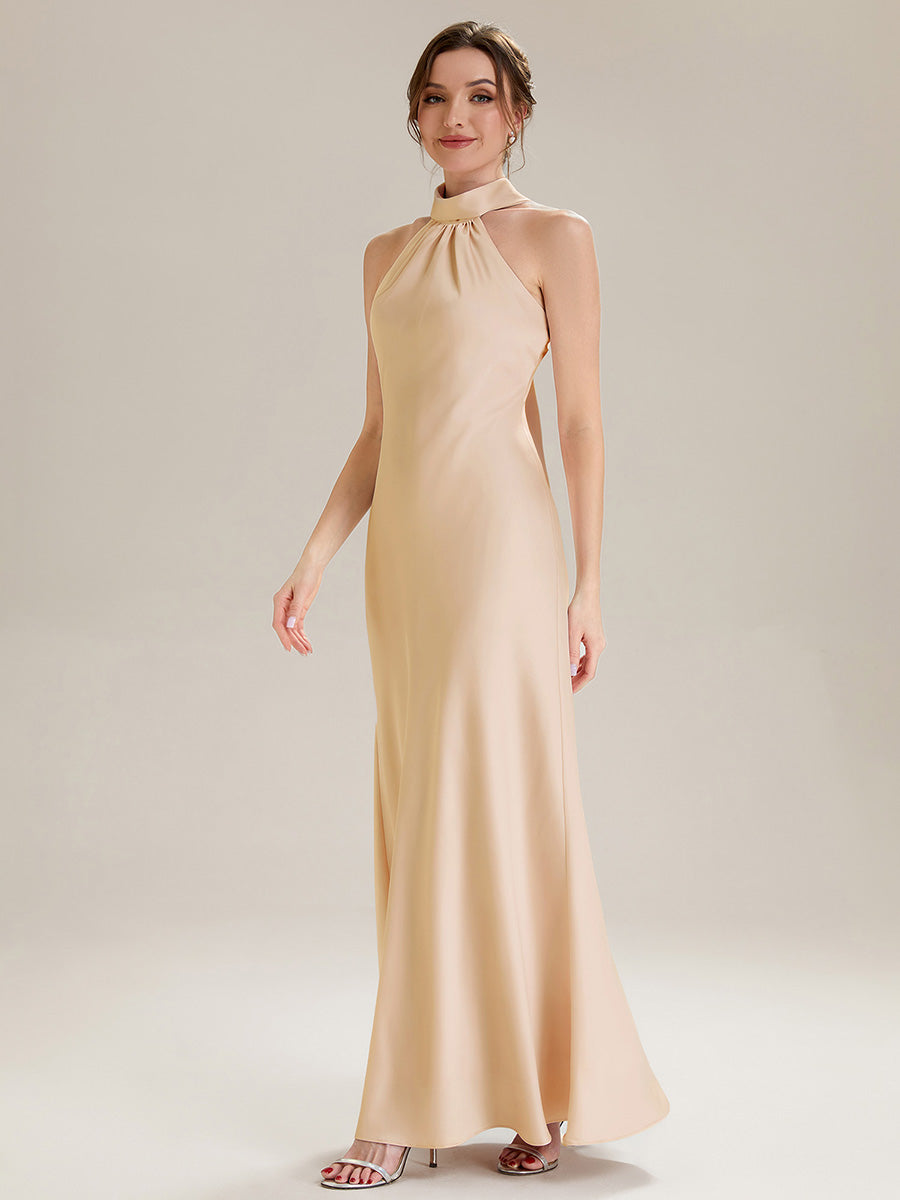 Color=Champagne | Wholesale Pricing Sleeveless Halter Neck Fishtail Floor Length Dress with Thigh-High Slit, Bridesmaid Dresses-Champagne 4