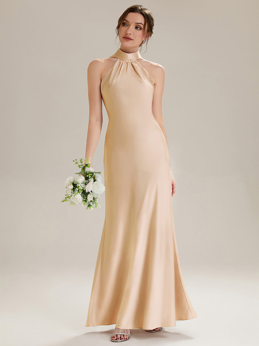 Color=Champagne | Wholesale Pricing Sleeveless Halter Neck Fishtail Floor Length Dress with Thigh-High Slit, Bridesmaid Dresses-Champagne 5