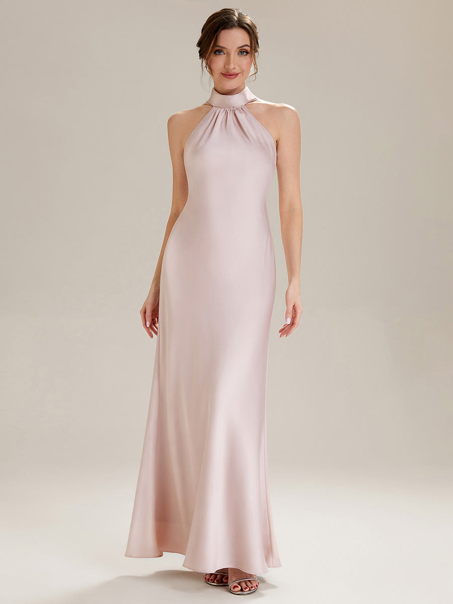 Color=Pink | Wholesale Pricing Sleeveless Halter Neck Fishtail Floor Length Dress with Thigh-High Slit, Bridesmaid Dresses-Pink 11