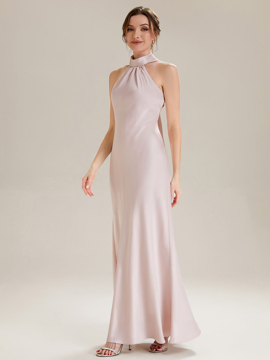 Color=Pink | Wholesale Pricing Sleeveless Halter Neck Fishtail Floor Length Dress with Thigh-High Slit, Bridesmaid Dresses-Pink 14
