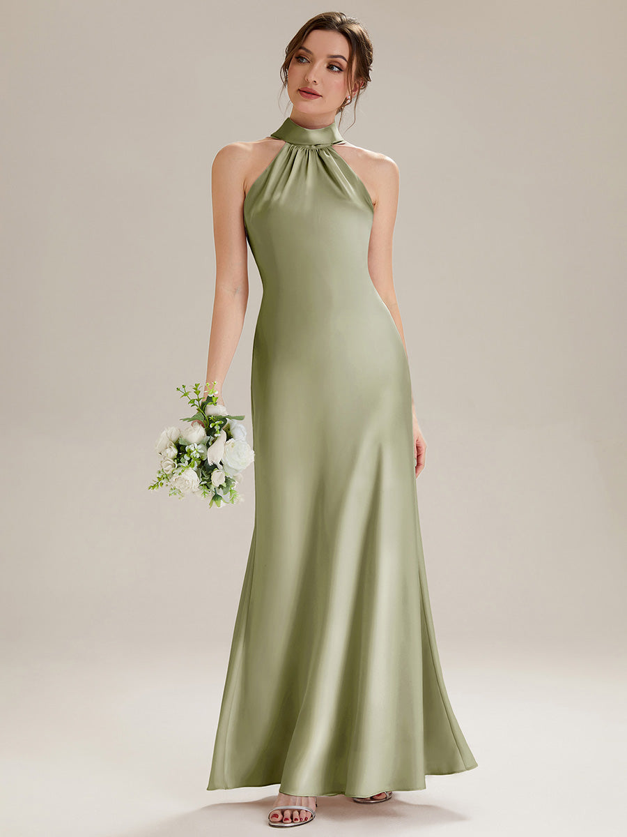 Color=Sage Green | Wholesale Pricing Sleeveless Halter Neck Fishtail Floor Length Dress with Thigh-High Slit, Bridesmaid Dresses-Sage Green 20