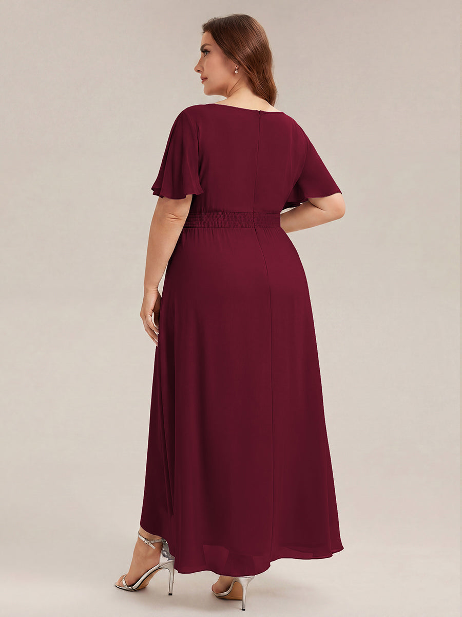 Color=Burgundy | One Stop Shop Short Sleeve Ruffle Round Neck High-Low Asymmetrical Bridesmaid Dresses-Burgundy 7