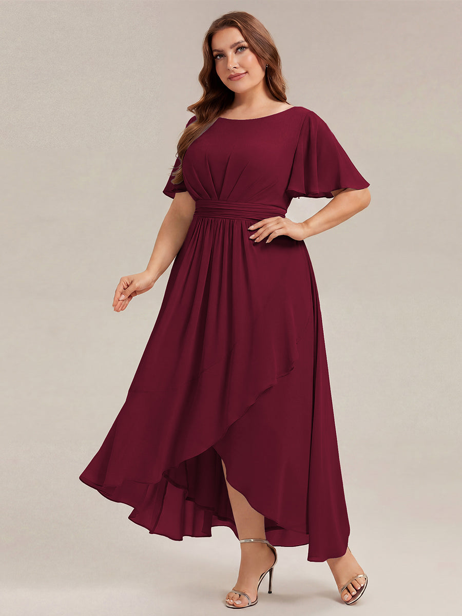 Color=Burgundy | One Stop Shop Short Sleeve Ruffle Round Neck High-Low Asymmetrical Bridesmaid Dresses-Burgundy 9
