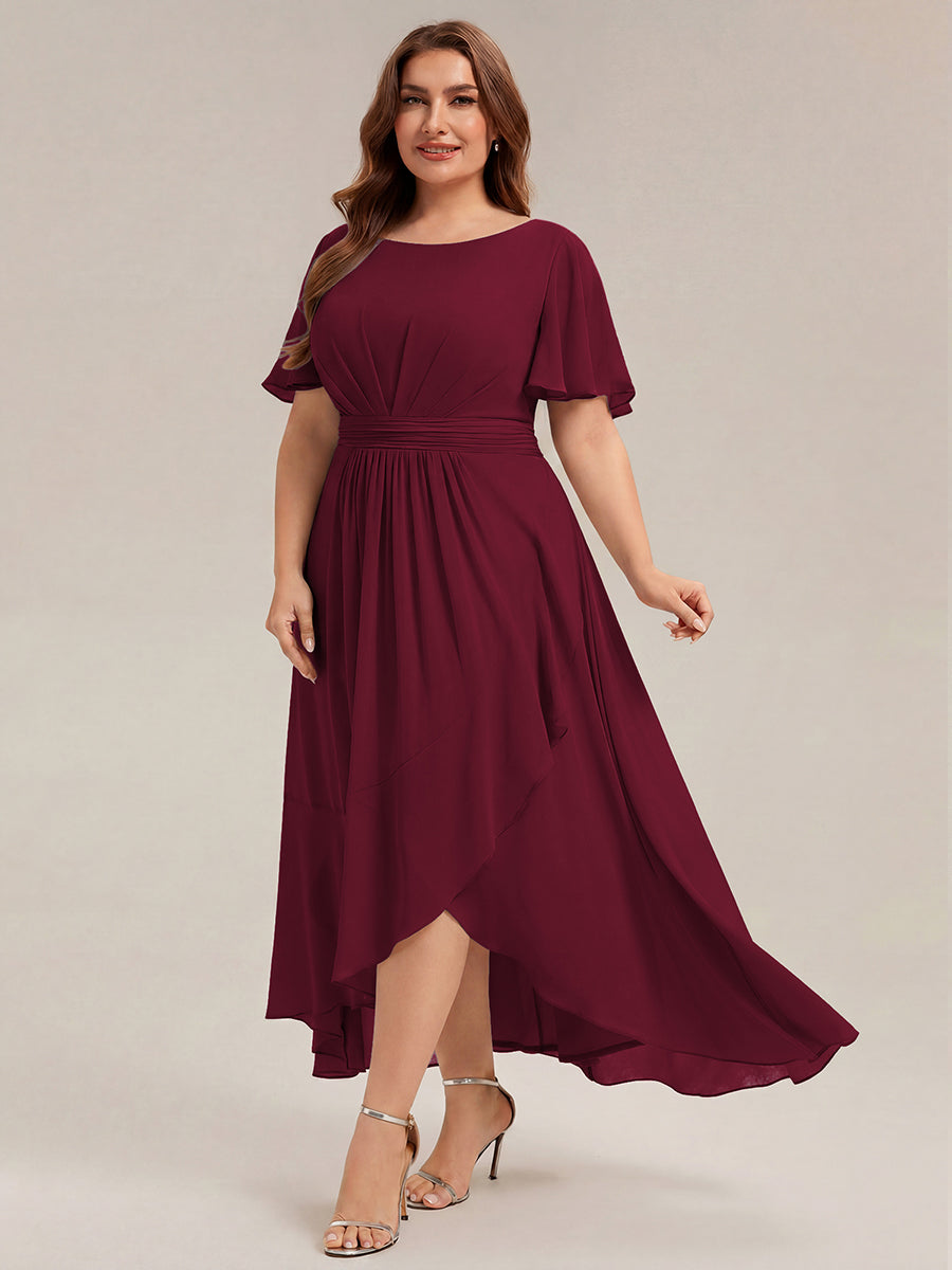 Color=Burgundy | One Stop Shop Short Sleeve Ruffle Round Neck High-Low Asymmetrical Bridesmaid Dresses-Burgundy 10