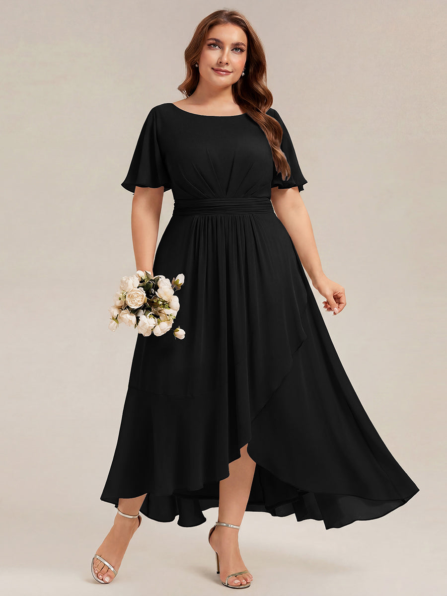 Color=Black | One Stop Shop Short Sleeve Ruffle Round Neck High-Low Asymmetrical Bridesmaid Dresses-Black 16