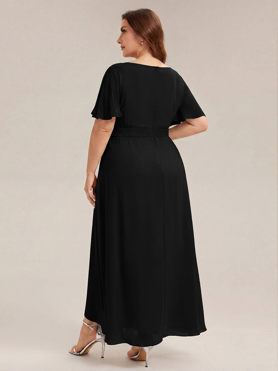 Color=Black | One Stop Shop Short Sleeve Ruffle Round Neck High-Low Asymmetrical Bridesmaid Dresses-Black 17