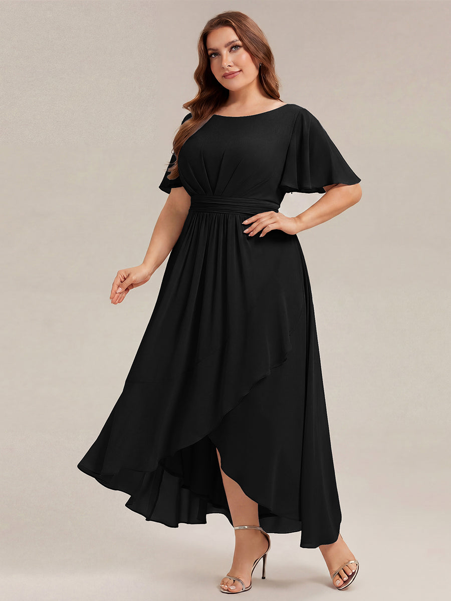 Color=Black | One Stop Shop Short Sleeve Ruffle Round Neck High-Low Asymmetrical Bridesmaid Dresses-Black 19