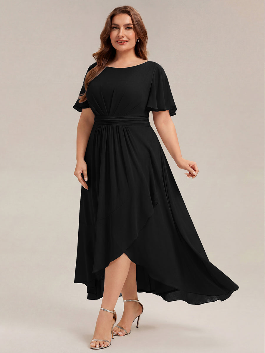 Color=Black | One Stop Shop Short Sleeve Ruffle Round Neck High-Low Asymmetrical Bridesmaid Dresses-Black 20