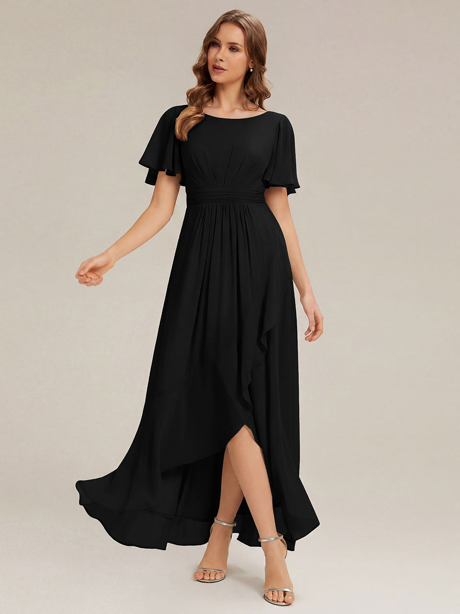 Color=Black | One Stop Shop Short Sleeve Ruffle Round Neck High-Low Asymmetrical Bridesmaid Dresses-Black 11