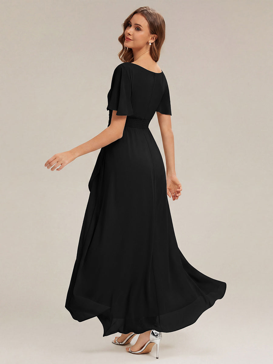 Color=Black | One Stop Shop Short Sleeve Ruffle Round Neck High-Low Asymmetrical Bridesmaid Dresses-Black 12