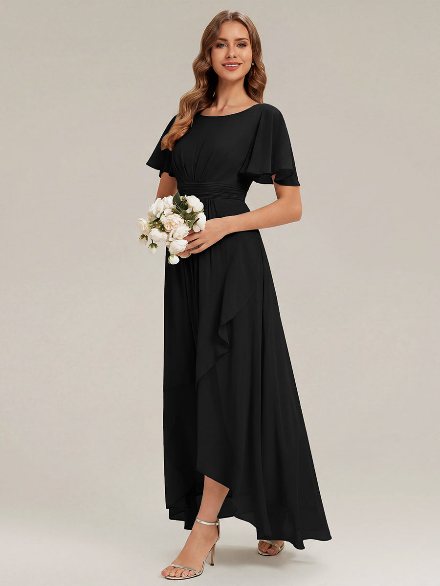 Color=Black | One Stop Shop Short Sleeve Ruffle Round Neck High-Low Asymmetrical Bridesmaid Dresses-Black 14