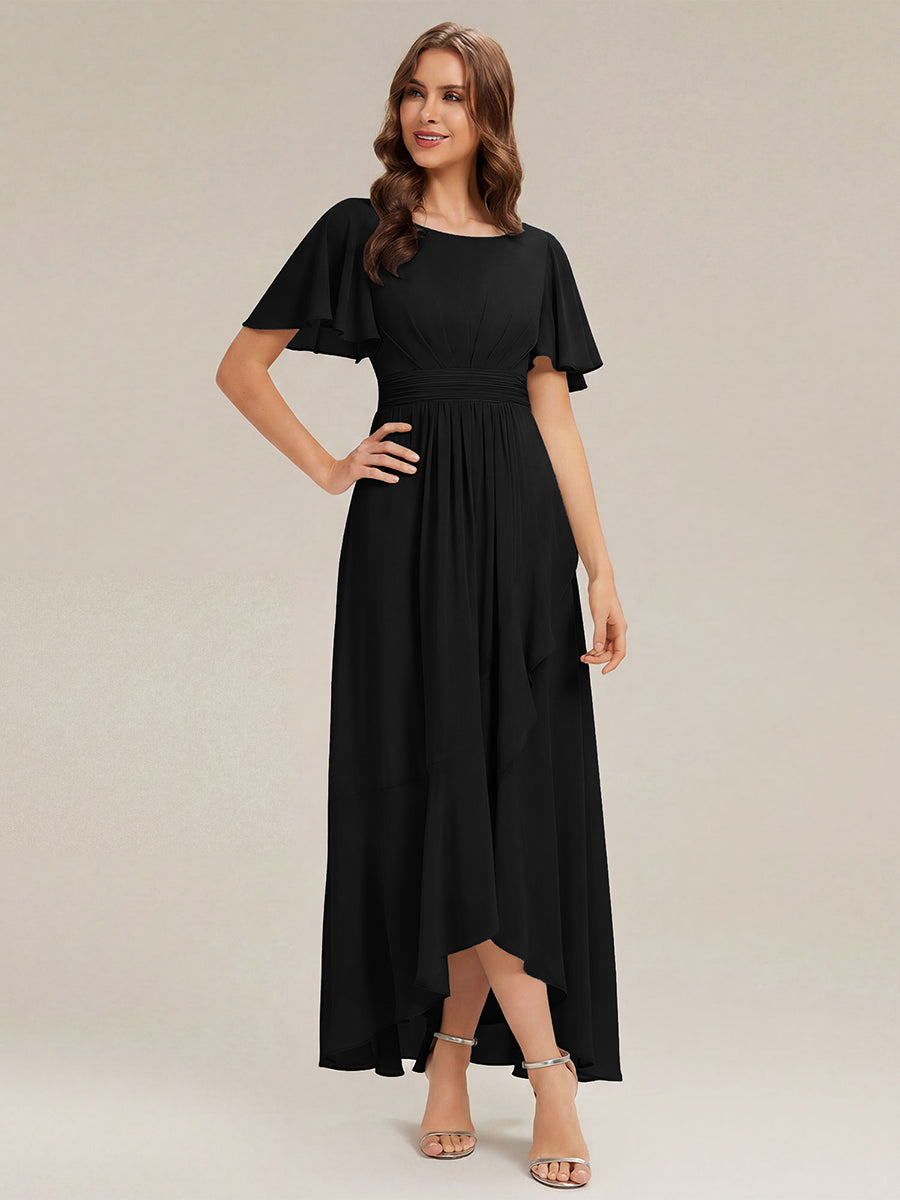 Color=Black | One Stop Shop Short Sleeve Ruffle Round Neck High-Low Asymmetrical Bridesmaid Dresses-Black 15