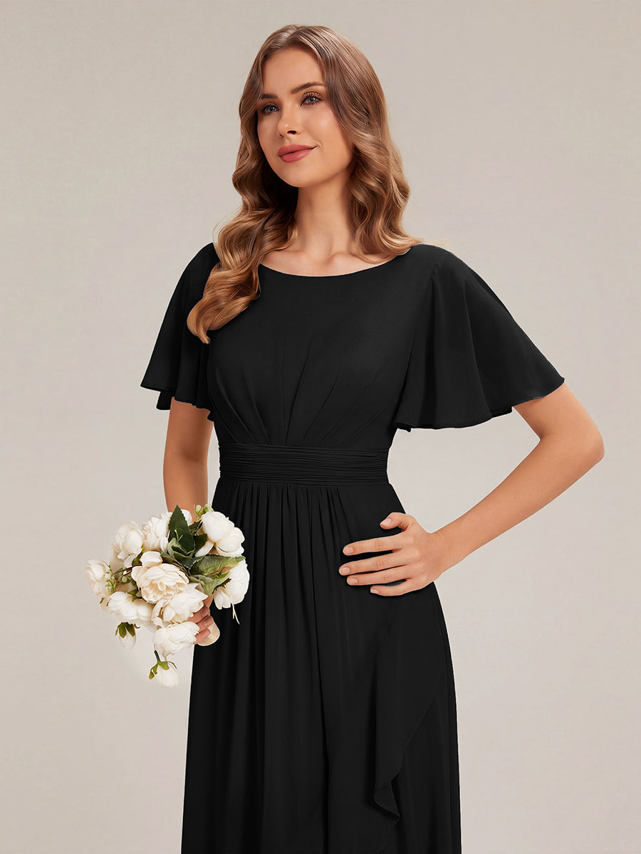 Color=Black | One Stop Shop Short Sleeve Ruffle Round Neck High-Low Asymmetrical Bridesmaid Dresses-Black 13