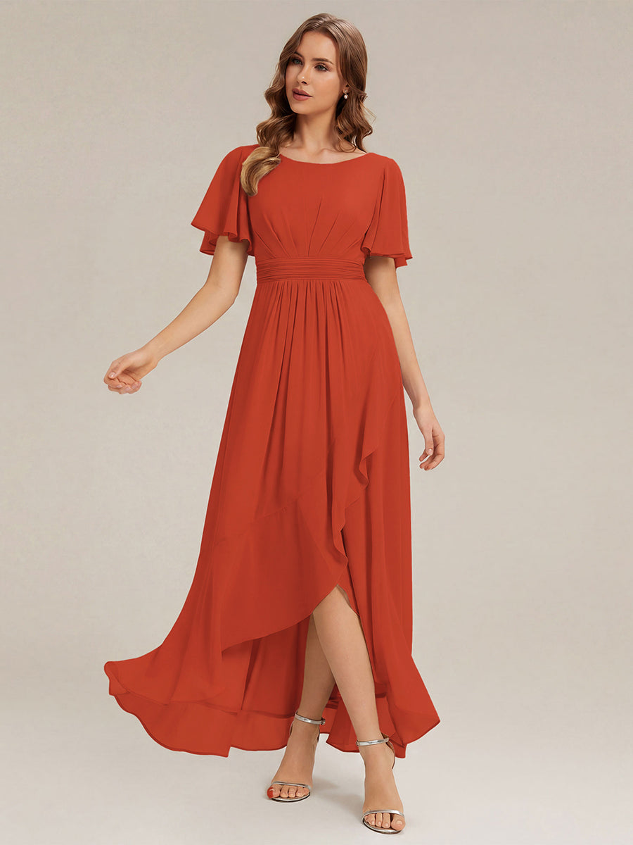 Color=Burnt Orange | One Stop Shop Short Sleeve Ruffle Round Neck High-Low Asymmetrical Bridesmaid Dresses-Burnt Orange 21