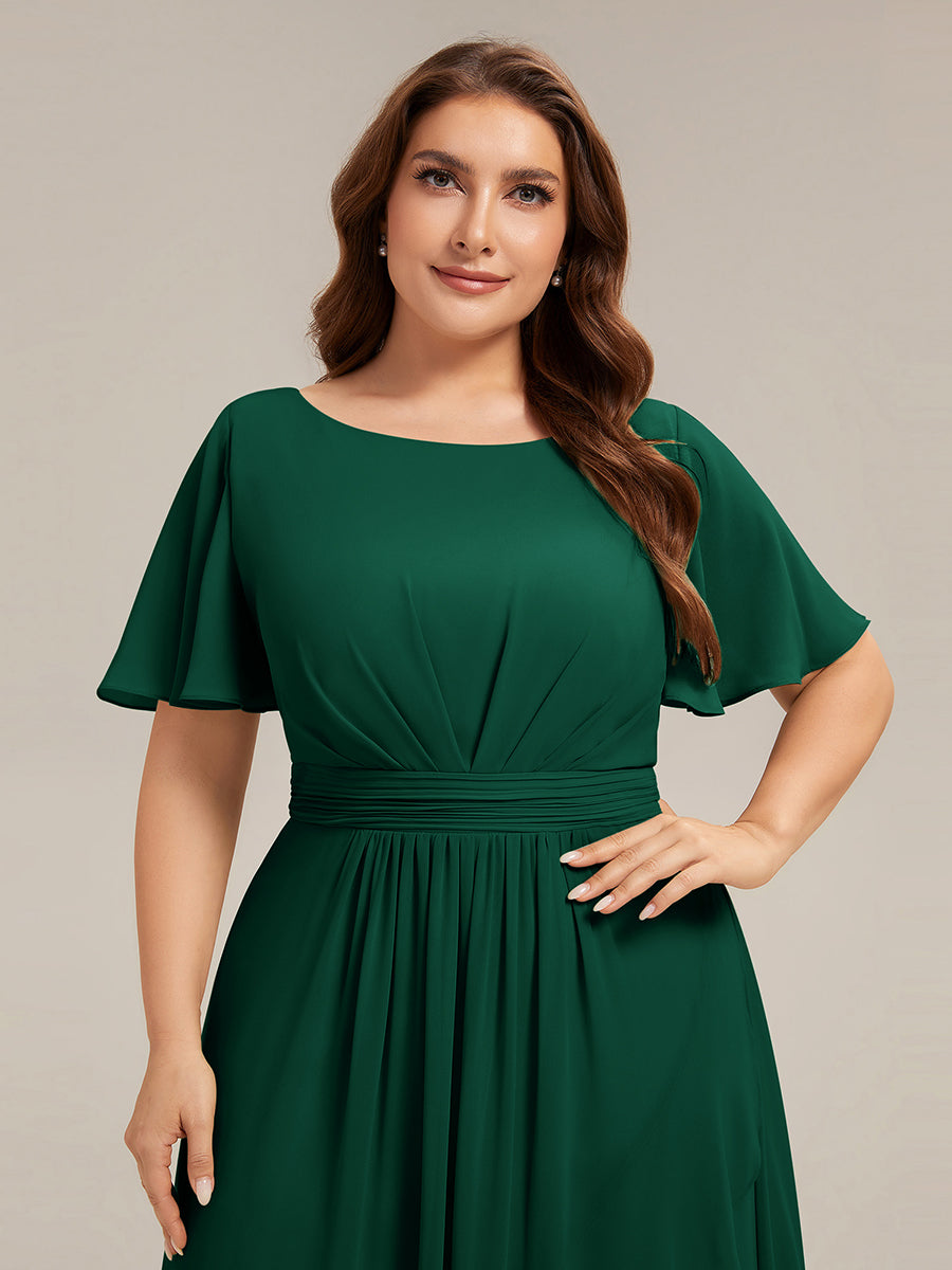 Color=Dark Green | One Stop Shop Short Sleeve Ruffle Round Neck High-Low Asymmetrical Bridesmaid Dresses-Dark Green 38
