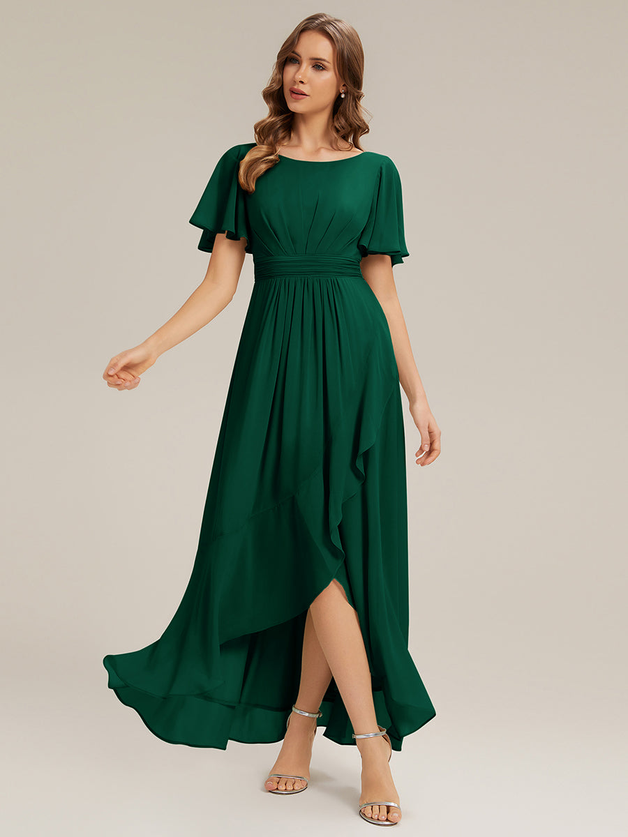 Color=Dark Green | One Stop Shop Short Sleeve Ruffle Round Neck High-Low Asymmetrical Bridesmaid Dresses-Dark Green 31