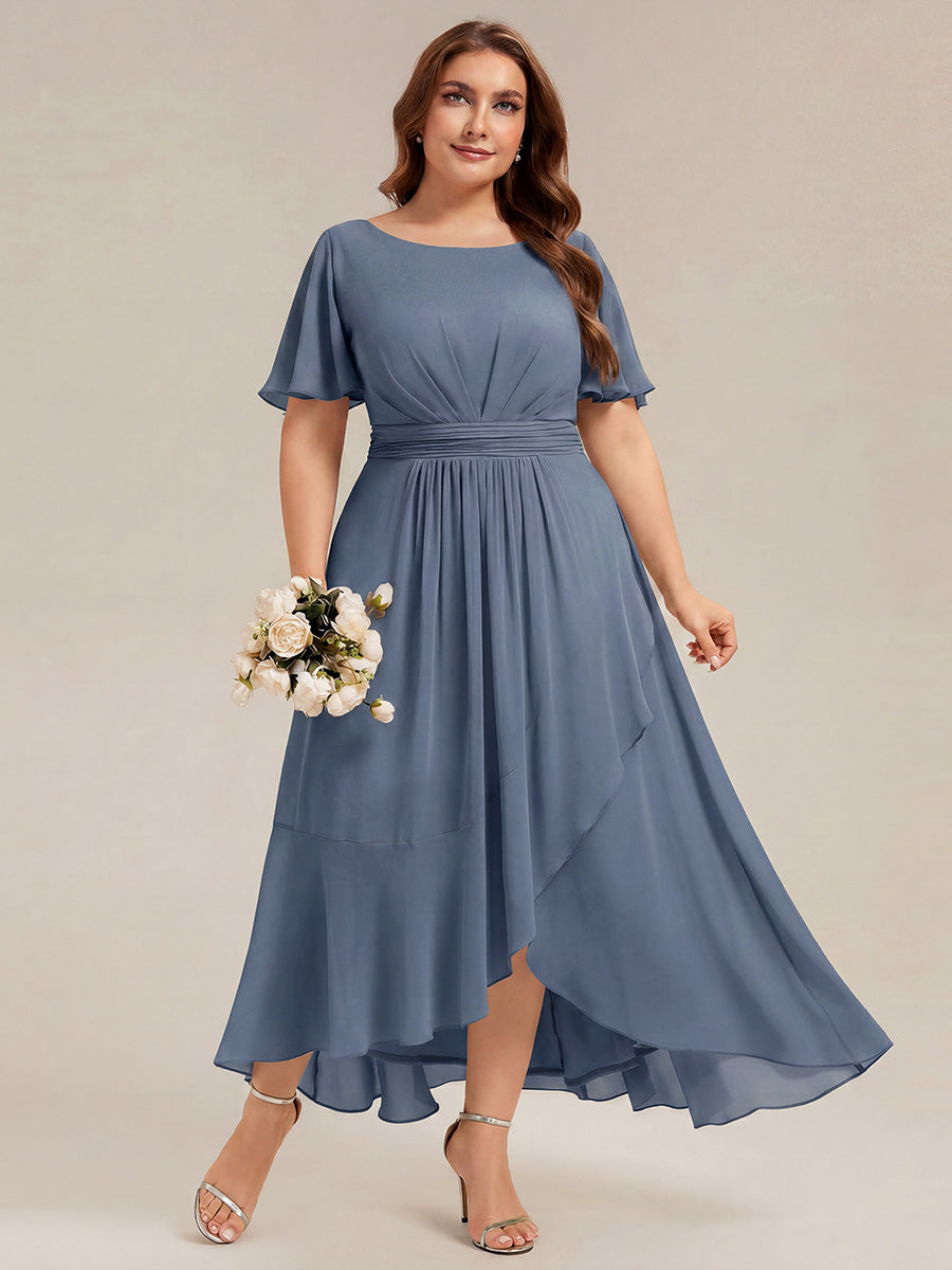 Color=Dusty Blue | One Stop Shop Short Sleeve Ruffle Round Neck High-Low Asymmetrical Bridesmaid Dresses-Dusty Blue 46