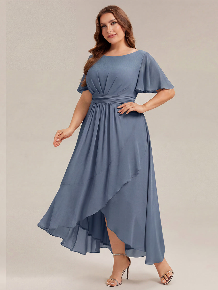 Color=Dusty Blue | One Stop Shop Short Sleeve Ruffle Round Neck High-Low Asymmetrical Bridesmaid Dresses-Dusty Blue 49