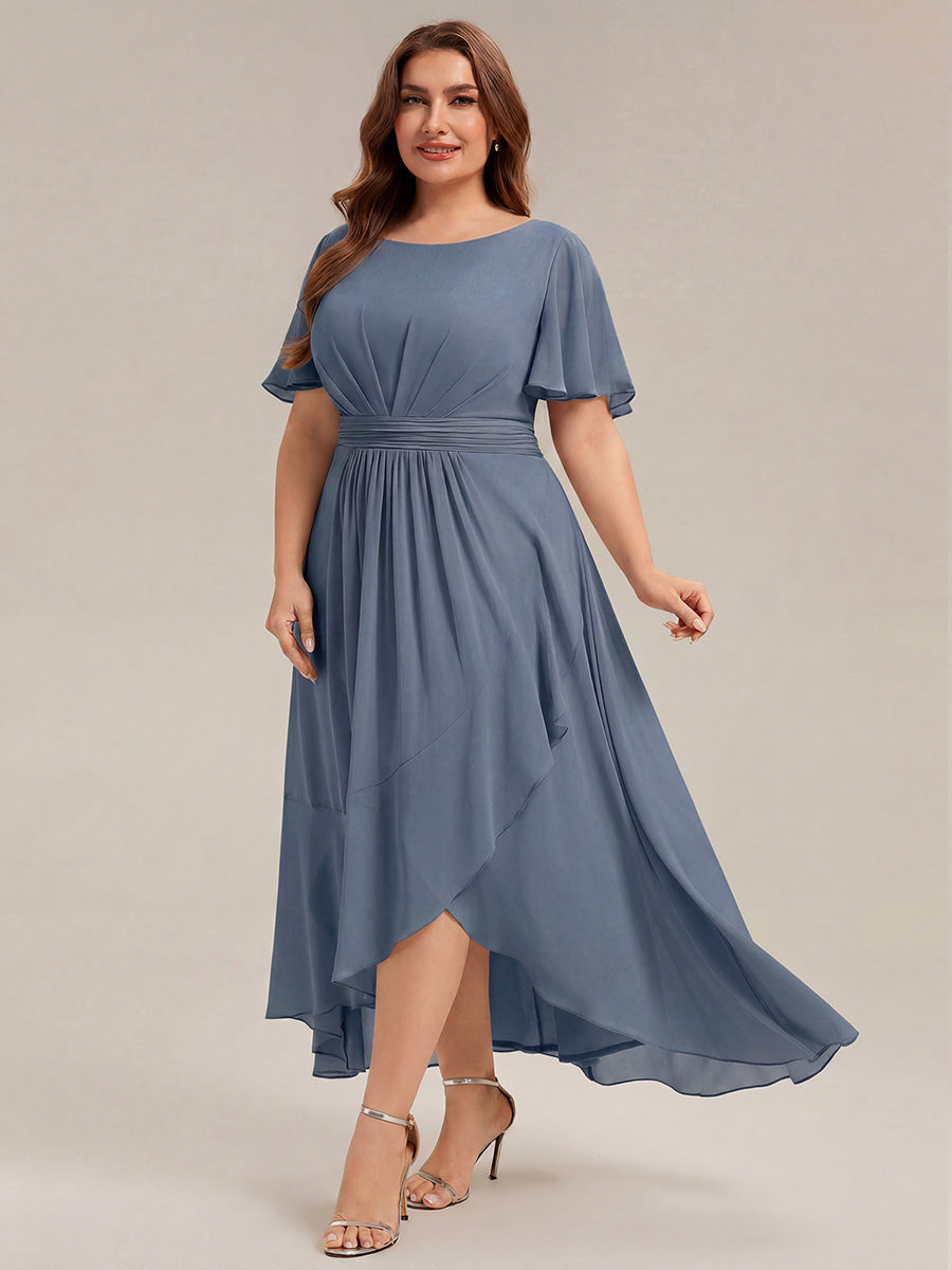 Color=Dusty Blue | One Stop Shop Short Sleeve Ruffle Round Neck High-Low Asymmetrical Bridesmaid Dresses-Dusty Blue 50