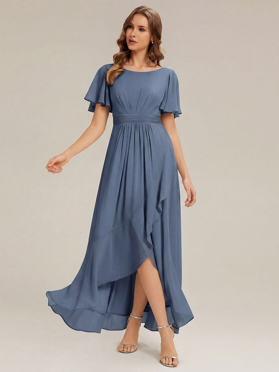 Color=Dusty Blue | One Stop Shop Short Sleeve Ruffle Round Neck High-Low Asymmetrical Bridesmaid Dresses-Dusty Blue 41