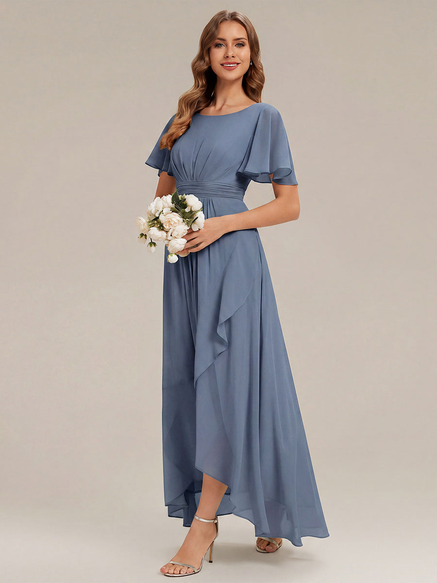 Color=Dusty Blue | One Stop Shop Short Sleeve Ruffle Round Neck High-Low Asymmetrical Bridesmaid Dresses-Dusty Blue 44