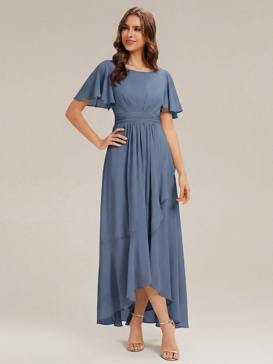 Color=Dusty Blue | One Stop Shop Short Sleeve Ruffle Round Neck High-Low Asymmetrical Bridesmaid Dresses-Dusty Blue 45