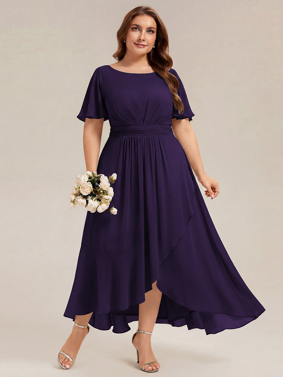 Color=Dark Purple | One Stop Shop Short Sleeve Ruffle Round Neck High-Low Asymmetrical Bridesmaid Dresses-Dark Purple 56