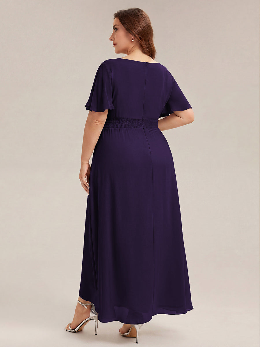 Color=Dark Purple | One Stop Shop Short Sleeve Ruffle Round Neck High-Low Asymmetrical Bridesmaid Dresses-Dark Purple 57