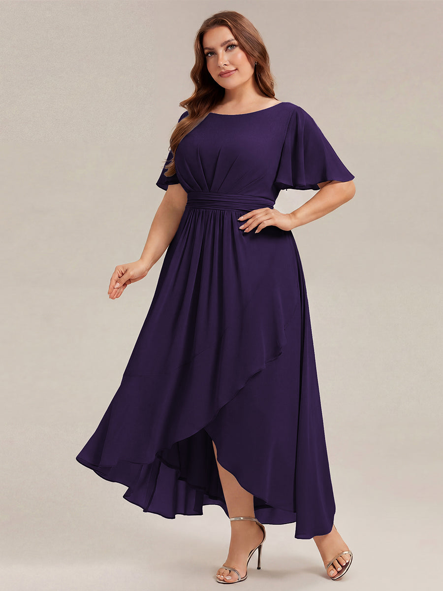 Color=Dark Purple | One Stop Shop Short Sleeve Ruffle Round Neck High-Low Asymmetrical Bridesmaid Dresses-Dark Purple 59