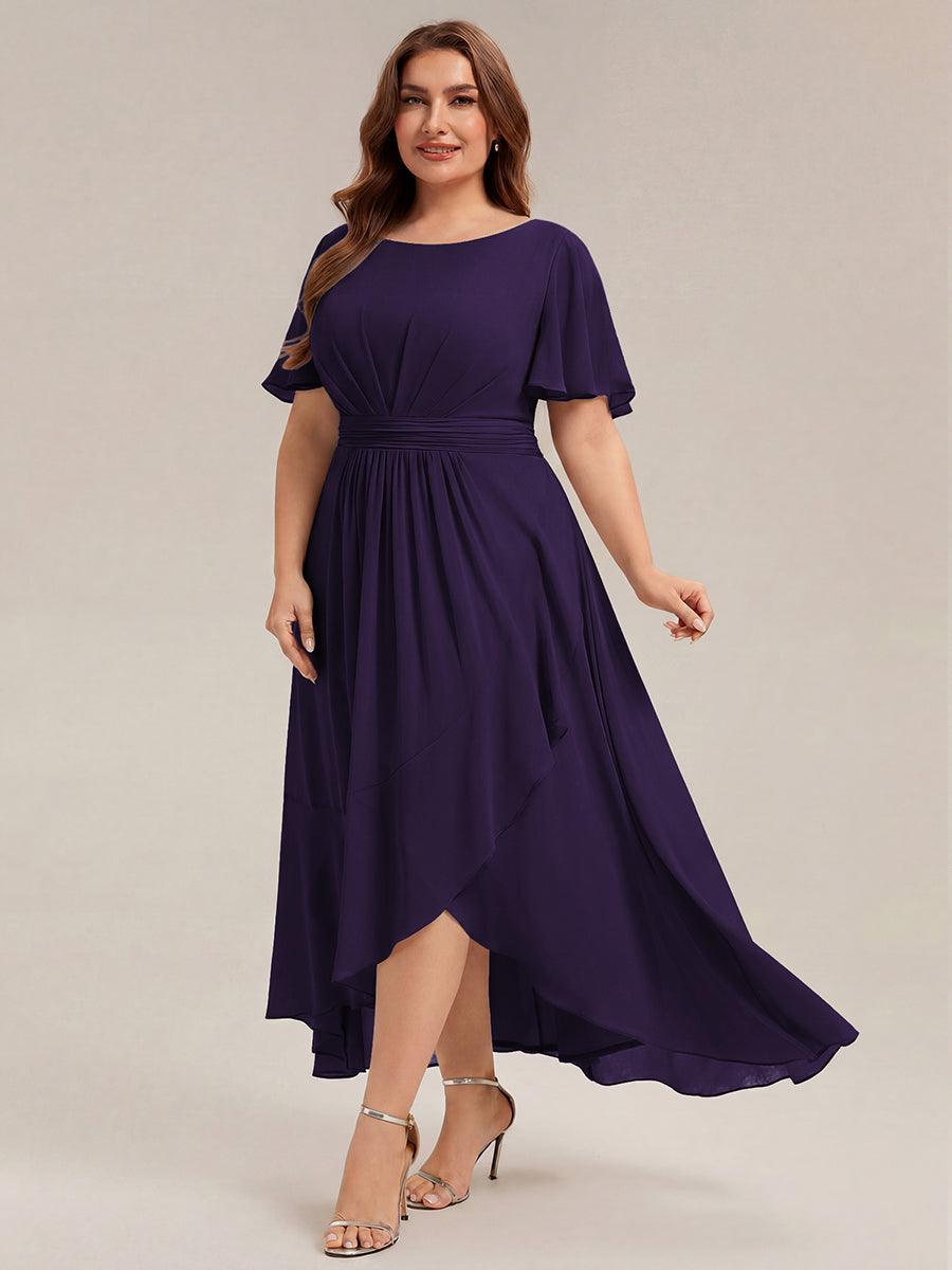 Color=Dark Purple | One Stop Shop Short Sleeve Ruffle Round Neck High-Low Asymmetrical Bridesmaid Dresses-Dark Purple 60