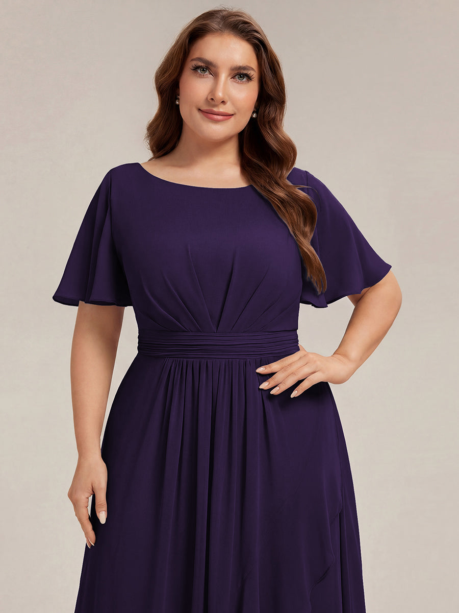 Color=Dark Purple | One Stop Shop Short Sleeve Ruffle Round Neck High-Low Asymmetrical Bridesmaid Dresses-Dark Purple 58