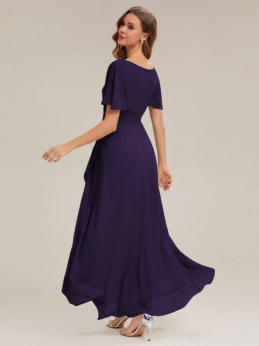 Color=Dark Purple | One Stop Shop Short Sleeve Ruffle Round Neck High-Low Asymmetrical Bridesmaid Dresses-Dark Purple 52