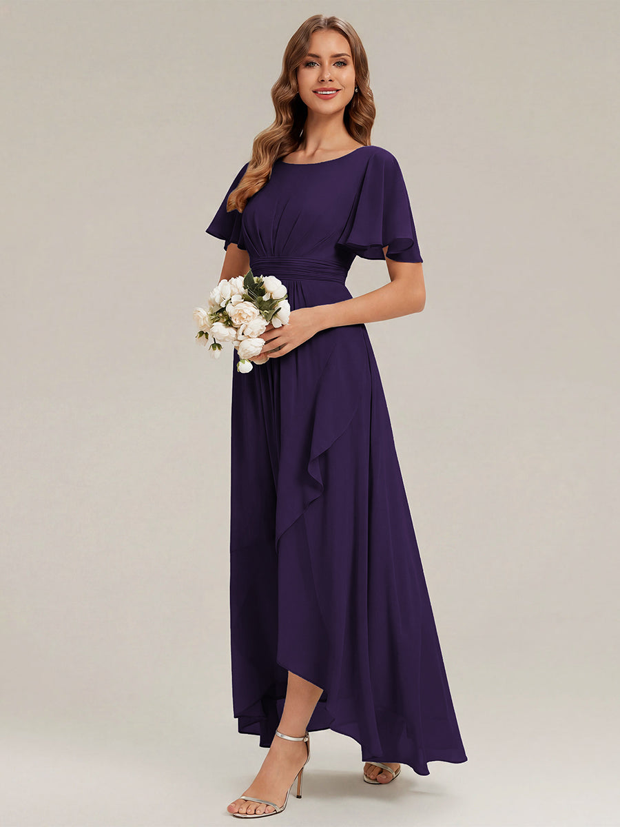 Color=Dark Purple | One Stop Shop Short Sleeve Ruffle Round Neck High-Low Asymmetrical Bridesmaid Dresses-Dark Purple 54