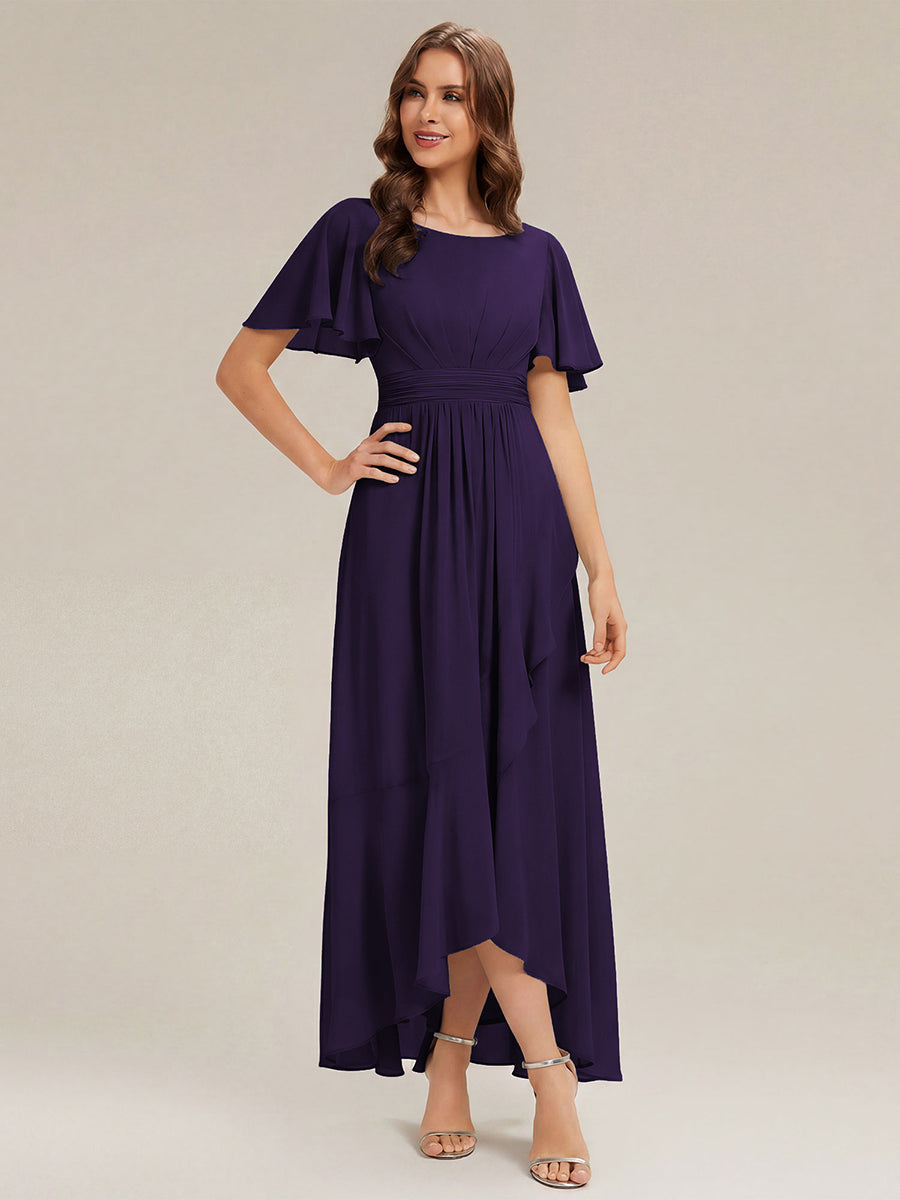 Color=Dark Purple | One Stop Shop Short Sleeve Ruffle Round Neck High-Low Asymmetrical Bridesmaid Dresses-Dark Purple 55