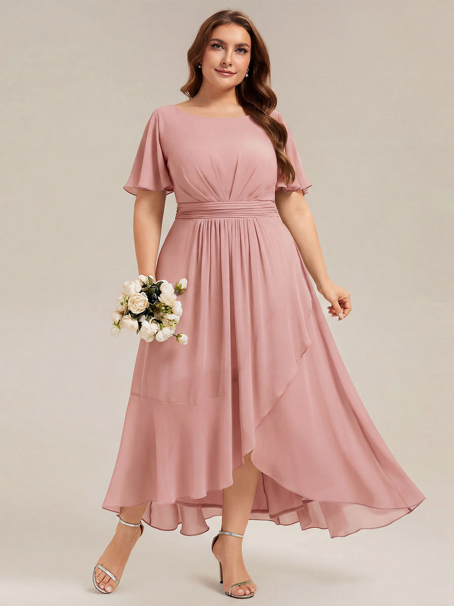 Color=Dusty Rose | One Stop Shop Short Sleeve Ruffle Round Neck High-Low Asymmetrical Bridesmaid Dresses-Dusty Rose 66