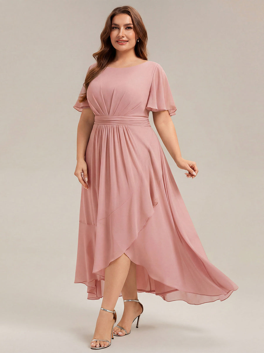 Color=Dusty Rose | One Stop Shop Short Sleeve Ruffle Round Neck High-Low Asymmetrical Bridesmaid Dresses-Dusty Rose 69