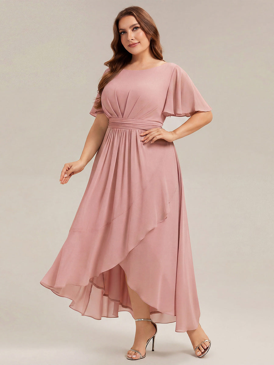 Color=Dusty Rose | One Stop Shop Short Sleeve Ruffle Round Neck High-Low Asymmetrical Bridesmaid Dresses-Dusty Rose 70