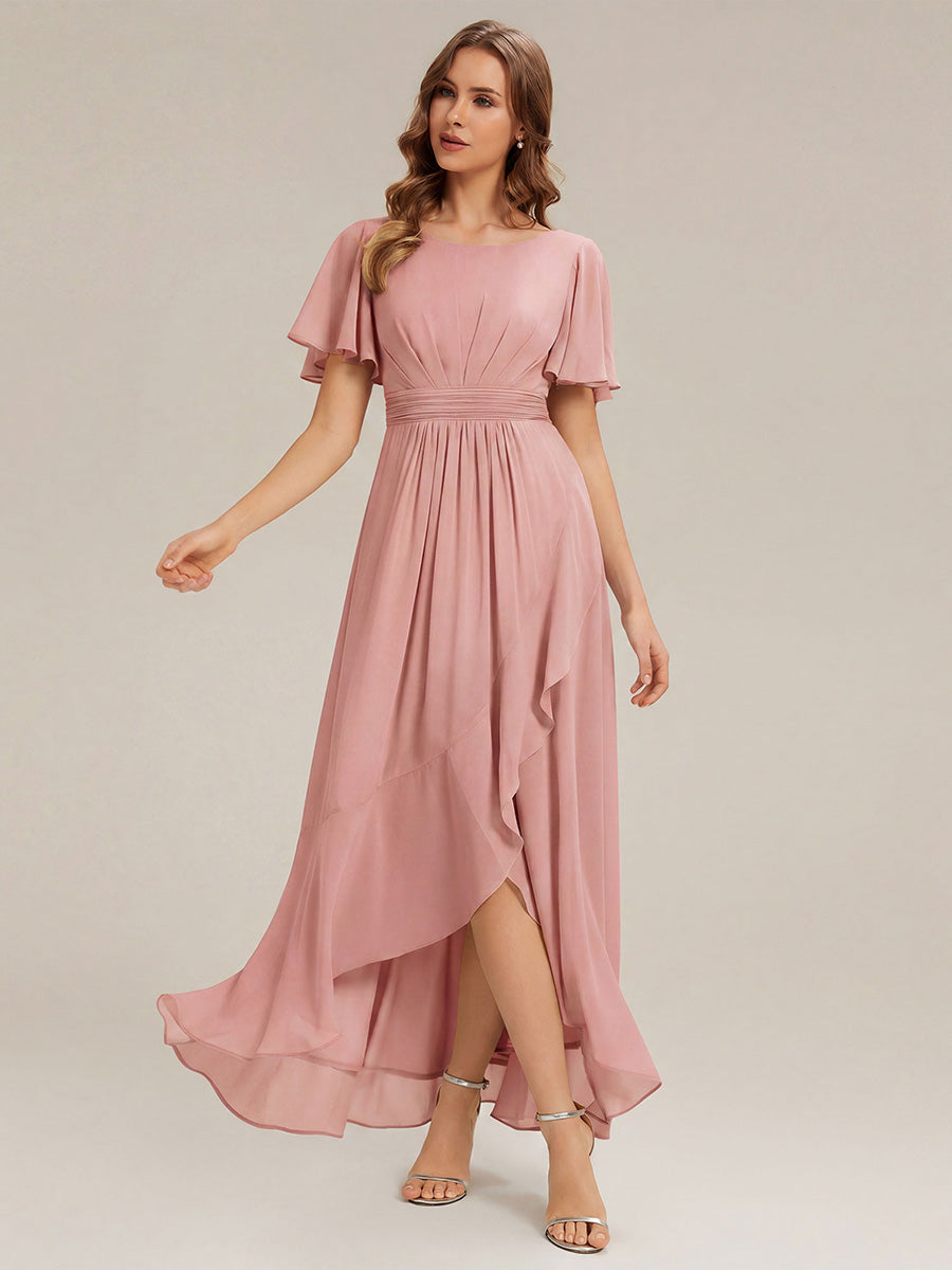 Color=Dusty Rose | One Stop Shop Short Sleeve Ruffle Round Neck High-Low Asymmetrical Bridesmaid Dresses-Dusty Rose 61