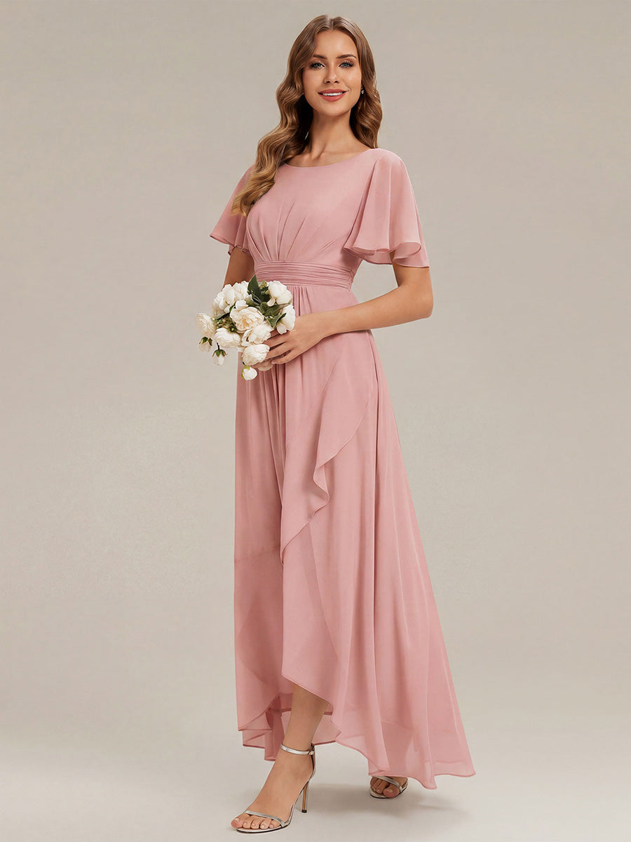 Color=Dusty Rose | One Stop Shop Short Sleeve Ruffle Round Neck High-Low Asymmetrical Bridesmaid Dresses-Dusty Rose 64