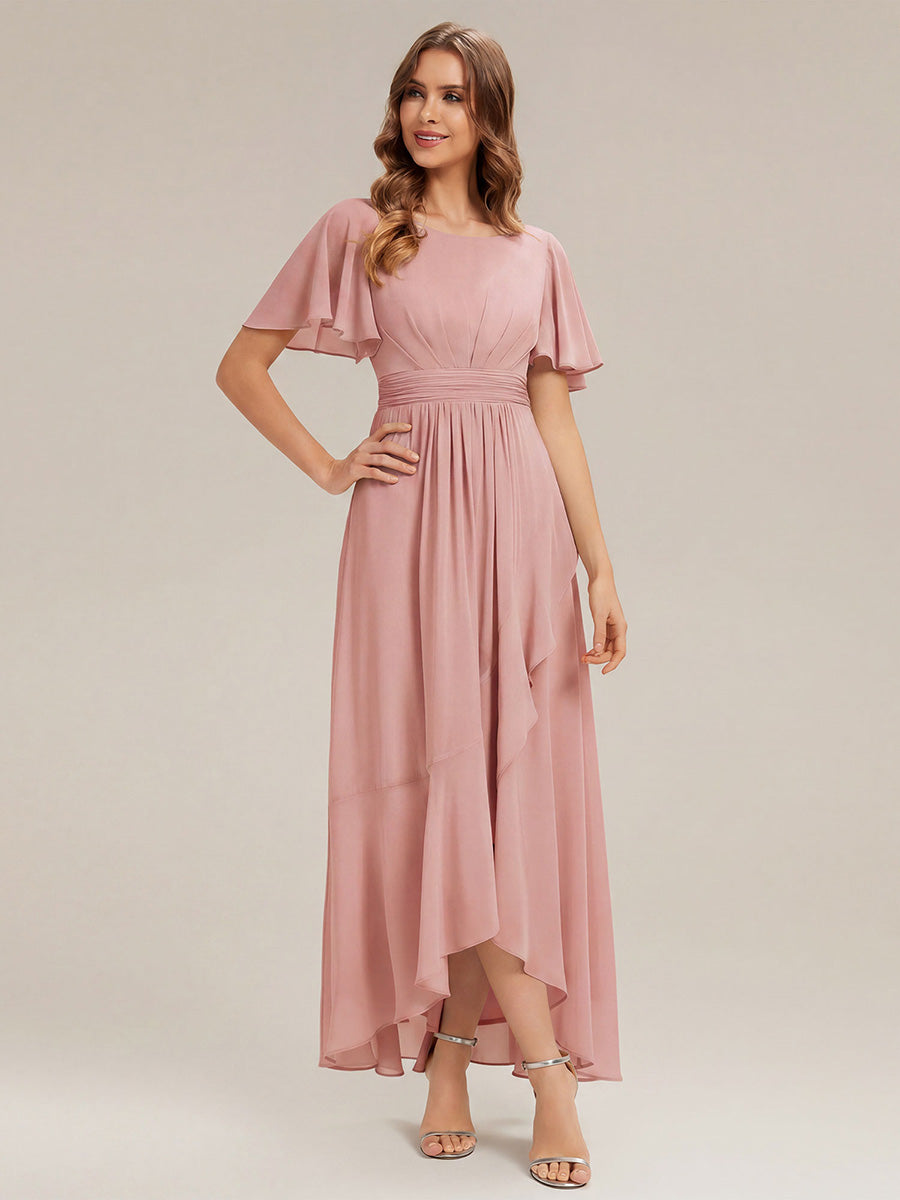 Color=Dusty Rose | One Stop Shop Short Sleeve Ruffle Round Neck High-Low Asymmetrical Bridesmaid Dresses-Dusty Rose 65
